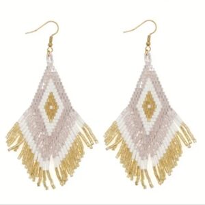 🆕️ Large Handcrafted Chic Gold and White Beaded Fringe Earrings
